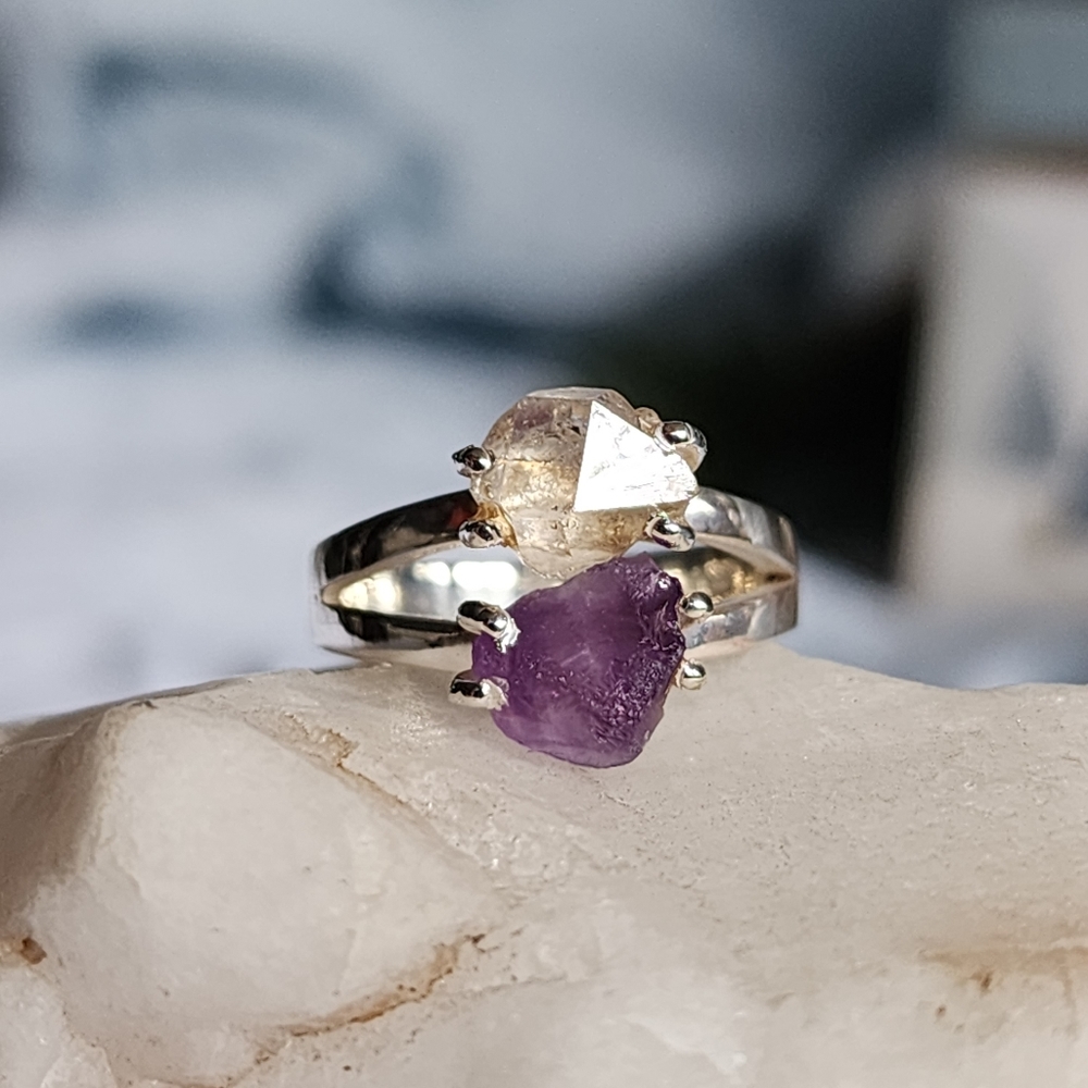 Sterling Silver 925 Bohemian Ring Raw Amethiste Topaz Crystal Gemstones